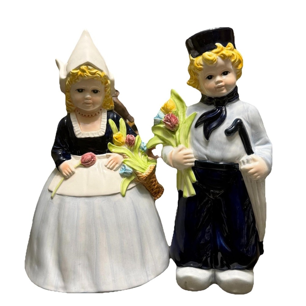 Delft Blue Hand Painted Dutch Girl & Boy Figurines 12" Vintage White & Blue‎